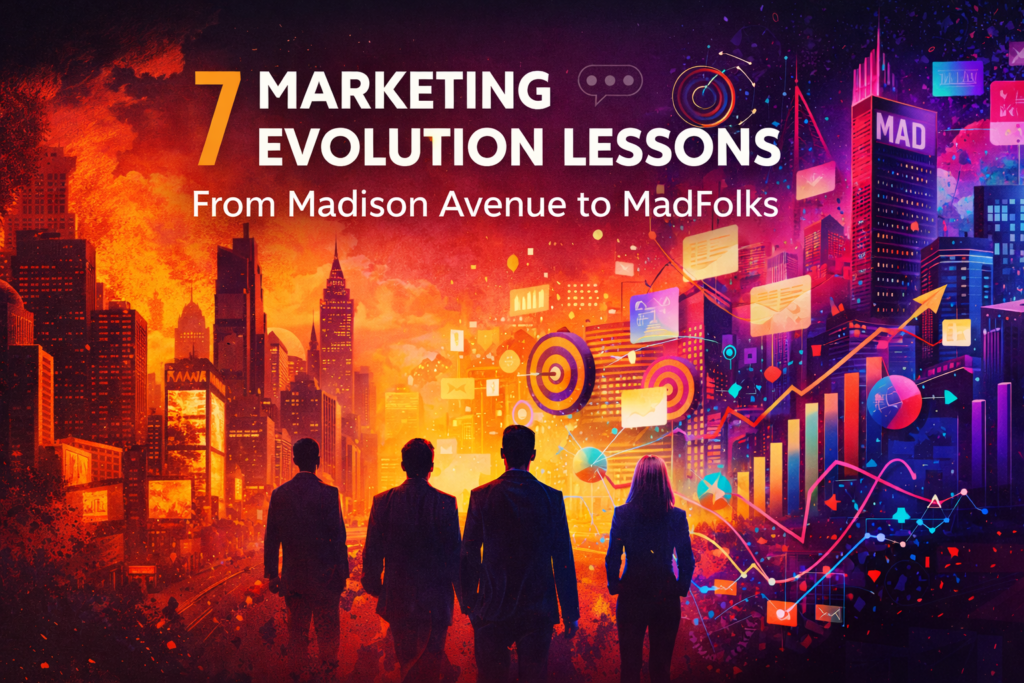 Marketing evolution from Madison Avenue to MadFolks illustrated through creativity, strategy, and modern digital growth