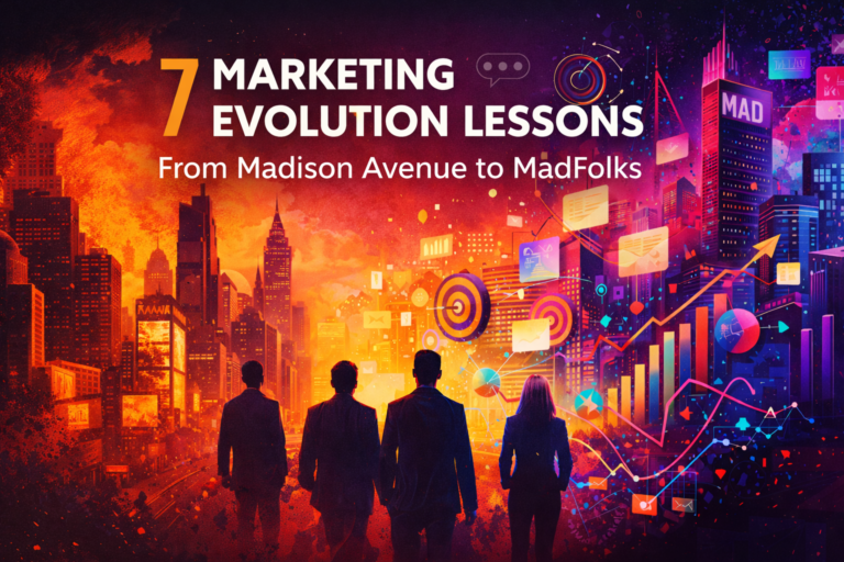 Marketing evolution from Madison Avenue to MadFolks illustrated through creativity, strategy, and modern digital growth
